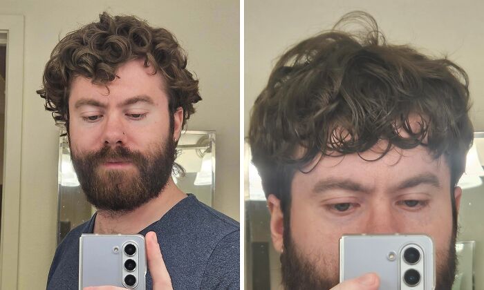 Before and after photos of a hair salon disaster, with a man's curly hair before and a less defined, shorter cut after.