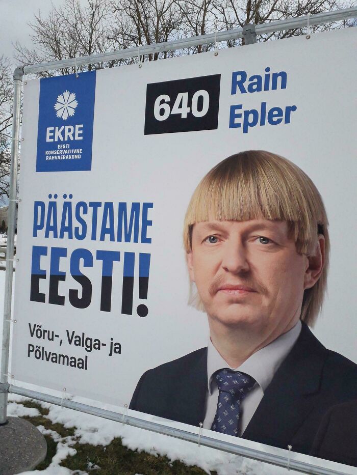 A political campaign poster featuring Rain Epler with a hair salon disaster, showcasing a bowl cut and a mustache.