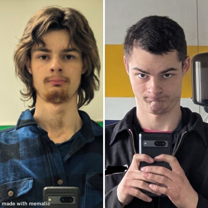 A split image shows a man with longer brown hair on the left and a short, unfortunate haircut on the right.