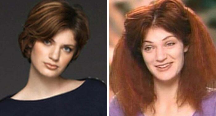 A split image shows a woman with a sleek, short haircut on the left and a wild, unfortunate haircut on the right.