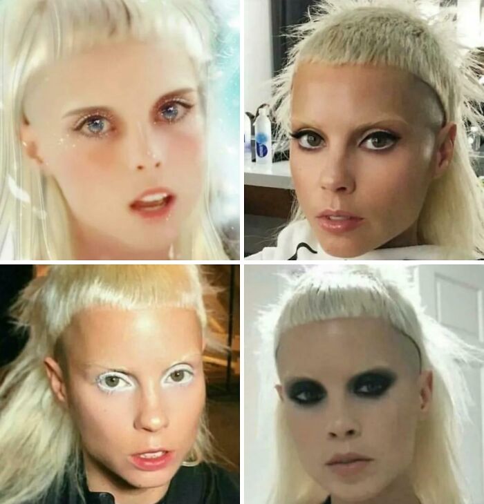Four different shots of a woman with a very short fringe and bleached hair. These are unfortunate haircuts.