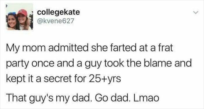 A tweet from collegekate about her mom and dad's sweet love story, showcasing online community love.