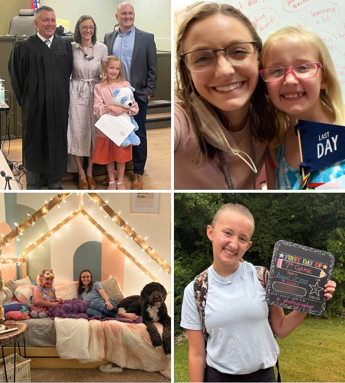 A collage of four adoption stories, including families with children, a judge, and a school setting.