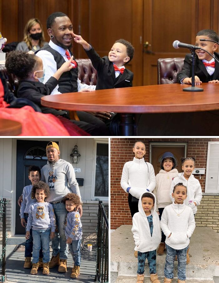 A man with multiple adopted children in various settings, including a courtroom and outside homes, highlighting adoption stories.