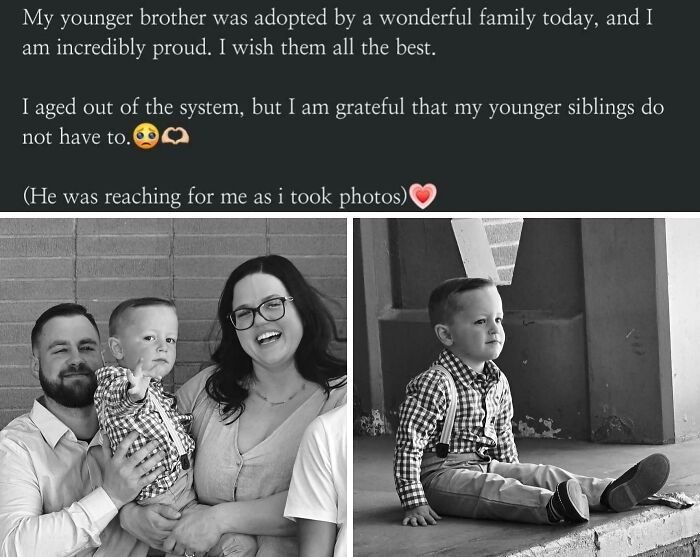 Black and white photos of a family and their adopted child, emphasizing adoption stories.