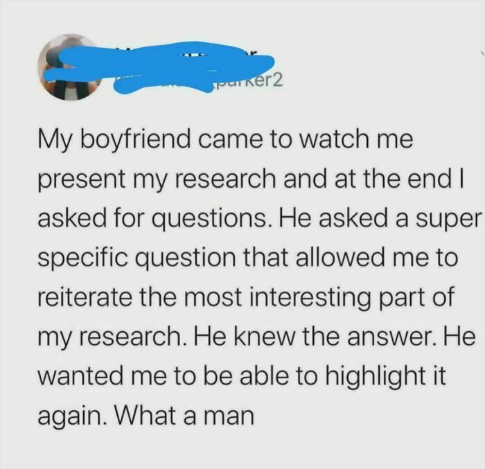 A social media post about a boyfriend supporting his girlfriend during a research presentation, showcasing sweet love.