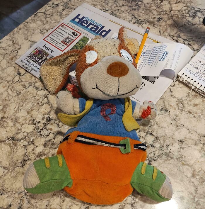 A plush dog toy lying on top of a newspaper, next to a notebook and pencil, part of adoption stories memorabilia.