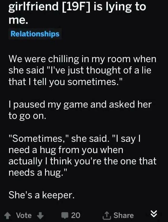 Reddit post showing a girlfriend's sweet confession about lying to give hugs, a heartwarming post from an online community.