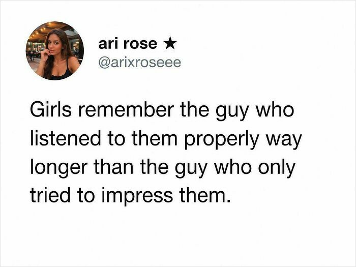Screenshot of a tweet by Ari Rose about girls remembering guys who listened, highlighting a sweet post from an online community.