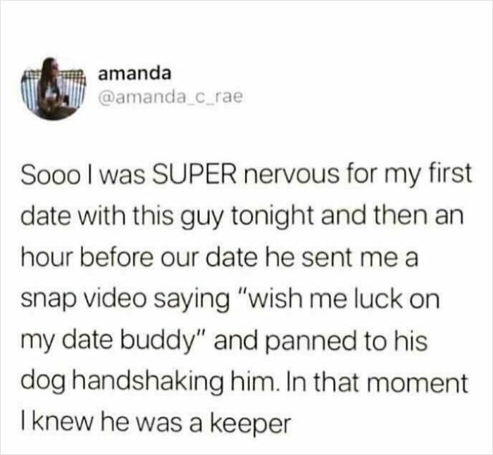 A tweet from @amanda_c_rae about a first date and a dog handshake, a sweet post showcasing love.