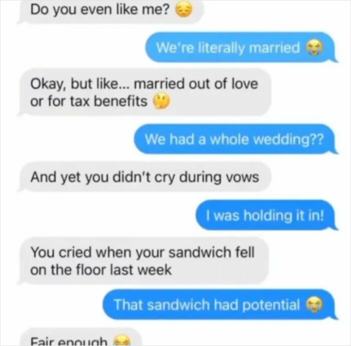 A text message conversation with sweet posts about a couple discussing their married love and crying during vows.