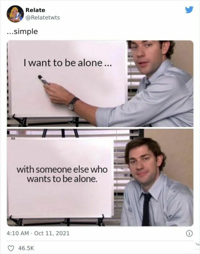 A meme with a man pointing at a whiteboard, showing posts about love and wanting to be alone together.