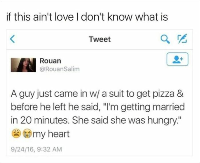 A tweet sharing a sweet post about a man in a suit getting pizza for his hungry bride 20 minutes before their wedding.