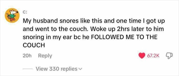 A comment from an online community about a husband's snoring and following his wife to the couch, demonstrating love.