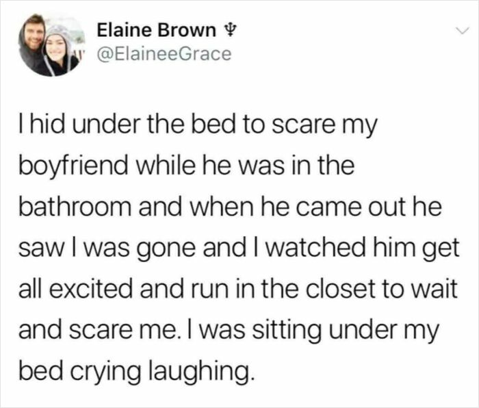 Sweet posts about love: a tweet describing a playful scare prank between a couple.