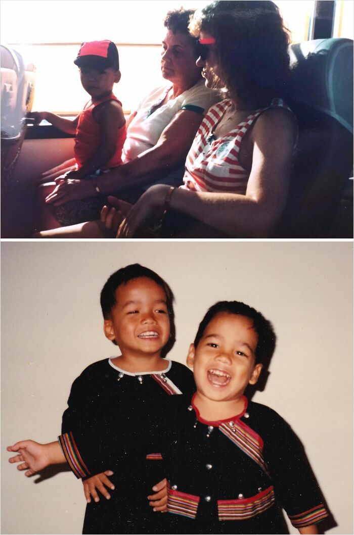 Vintage photos of a young boy with two women and two boys smiling in matching outfits