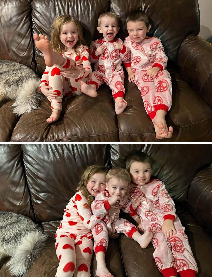 Three children in matching heart and pretzel pajamas sitting on a couch smiling and playing