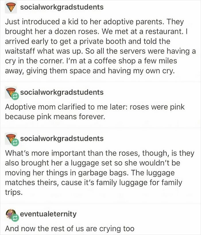 A series of text posts discussing a child meeting her adoptive parents for the first time, highlighting an adoption story.