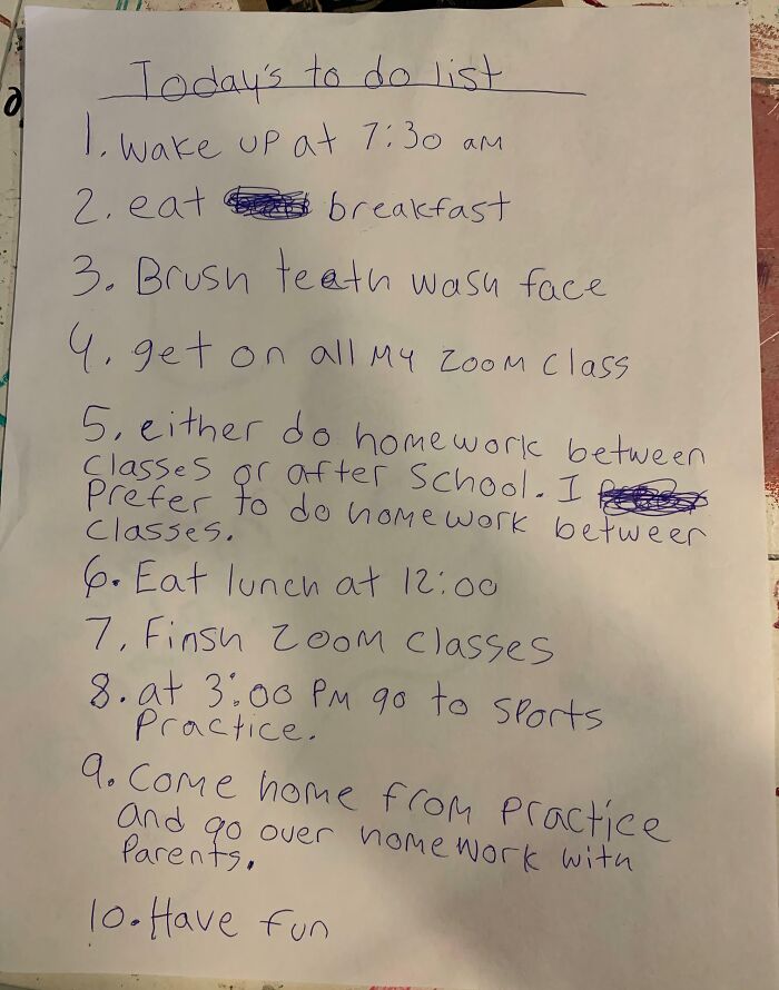 A handwritten daily to-do list, featuring tasks from waking up to homework and sports practice, reflecting an adoption story.