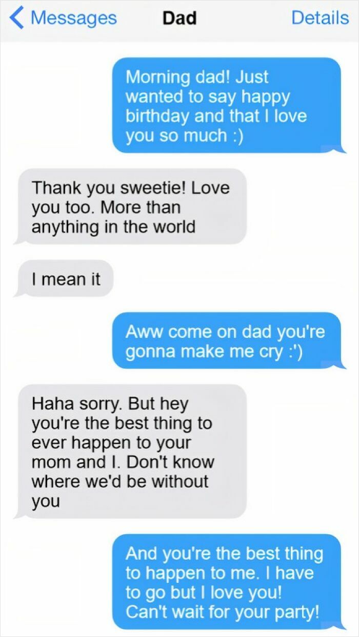 Text messages show a heartwarming conversation between a father and child, reflecting love and chosen families in adoption stories.