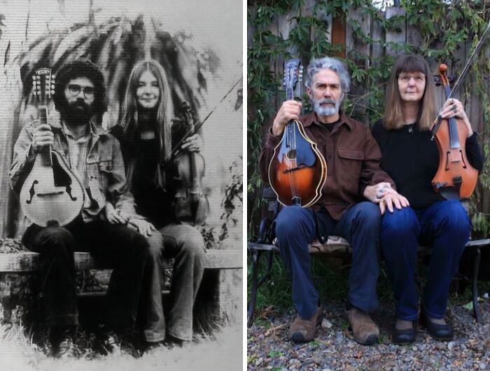 Two side-by-side images of a couple holding musical instruments, illustrating a long-term adoption story and strong family bonds.