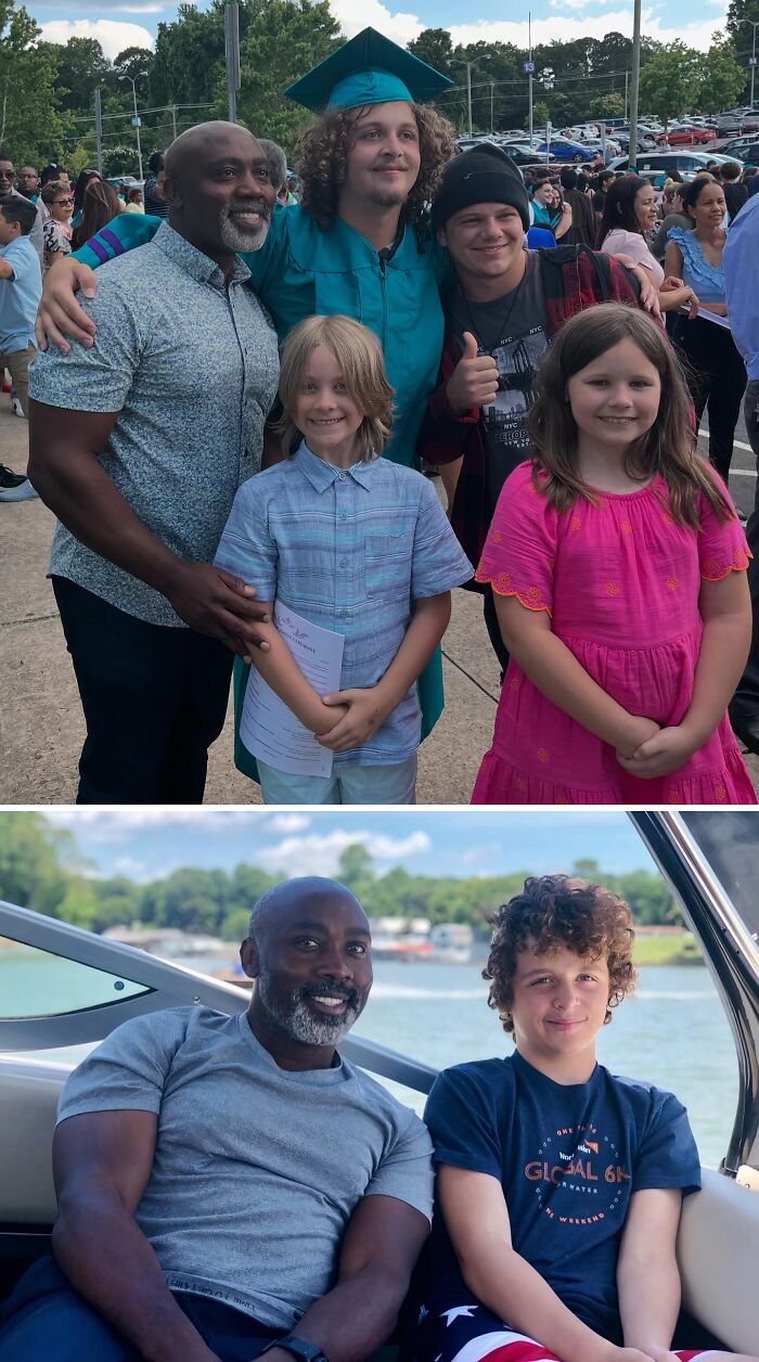 Two images, top: a diverse family at a graduation, bottom: a man and a boy on a boat, highlighting adoption stories.