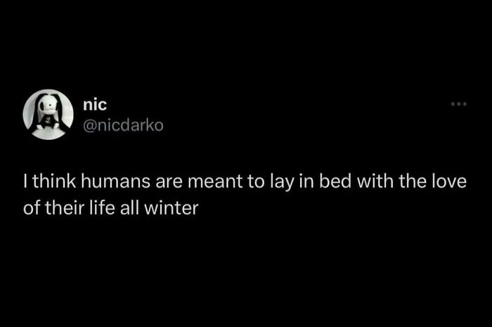 A tweet stating humans are meant to lay in bed with the love of their life all winter, a sweet post about love.