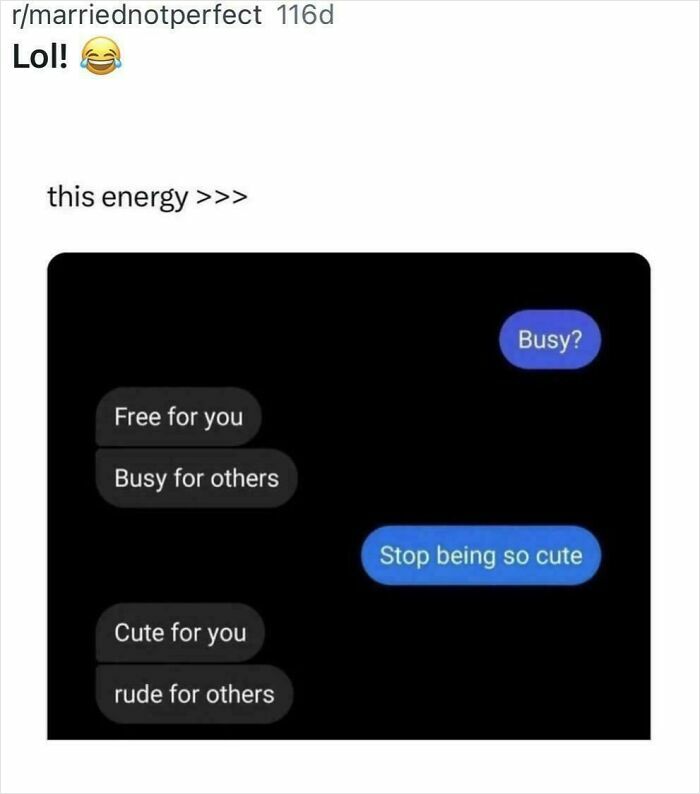 A screenshot of a text message exchange from an online community showing a cute post about love.