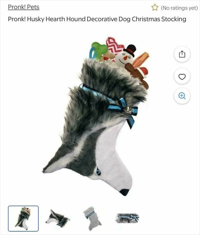 A husky hearth hound decorative dog Christmas stocking, filled with dog treats and toys, showing a design fail.