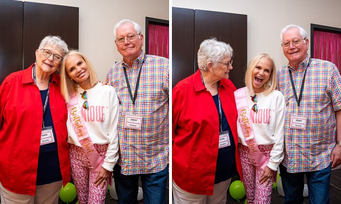 Smiling older couple with a young woman celebrating a birthday indoors