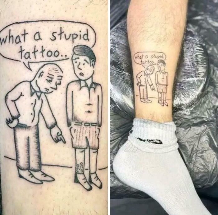 Tattoo fail showing cartoon characters with stupid tattoo text