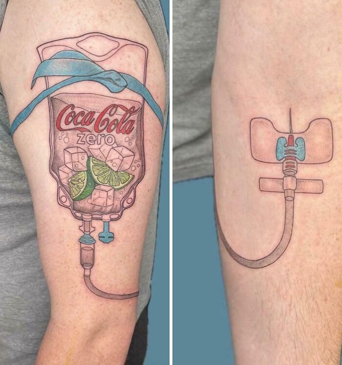 Coca Cola zero IV bag tattoo on arm with lime and ice details