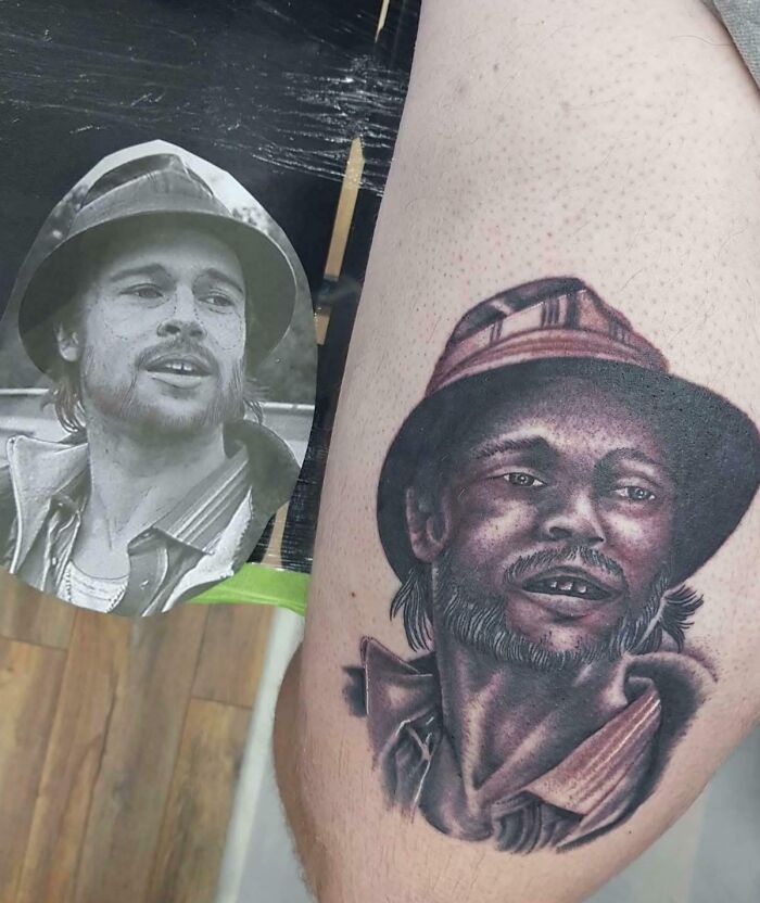 Portrait tattoo fail poorly replicating photo of man with hat