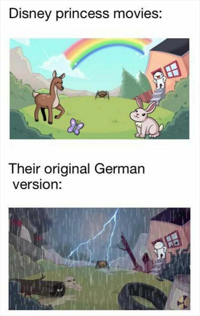Funny Disney princess movies meme showing bright vs dark original German version
