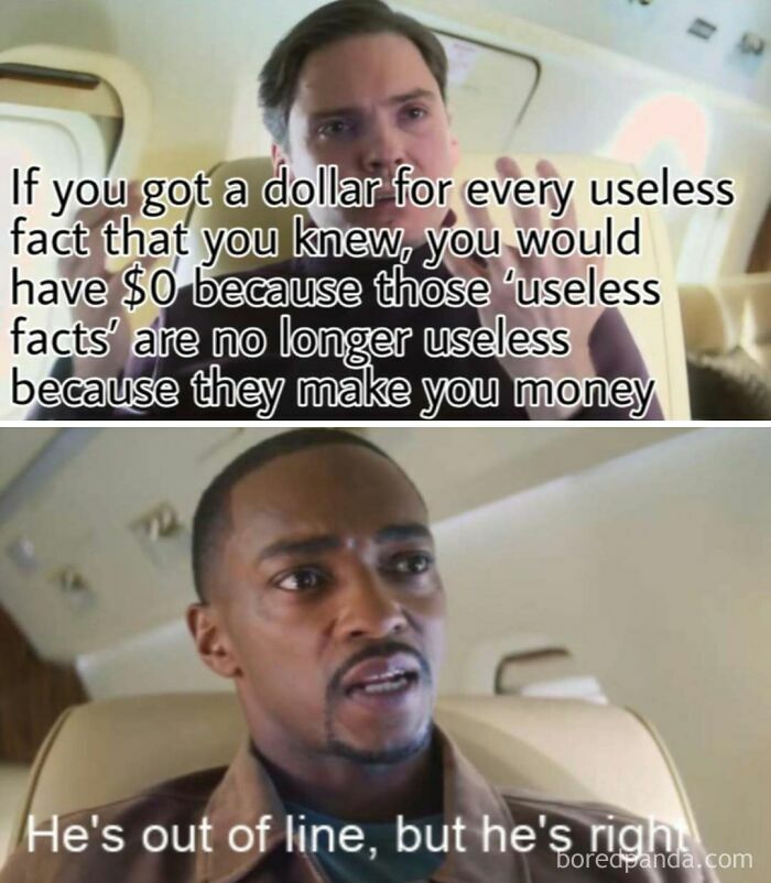 Funny meme about useless facts making money with serious and surprised faces