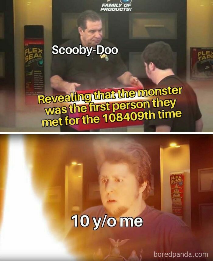 Funny Scooby-Doo meme about monster revealed repeatedly surprising 10 year old viewer