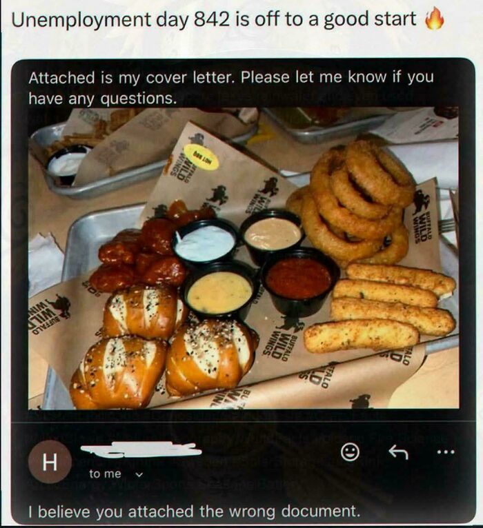A screenshot of a recruiter receiving an image of food instead of a cover letter. A baffling post about work.