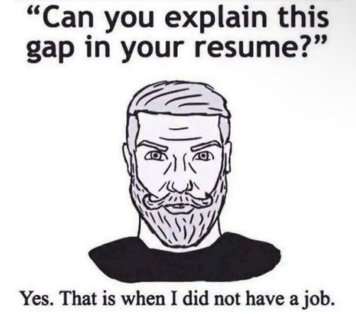 A meme with a bearded man explaining a resume gap as not having a job. A baffling post about work.