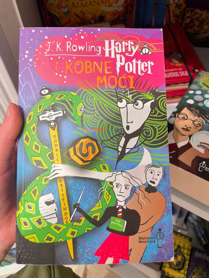 Unhinged book cover of a Croatian Harry Potter translation with bizarre abstract artwork and green hair