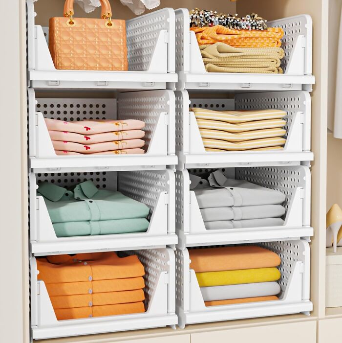 Organized closet with stacked home and kitchen finds, showcasing efficient storage solutions on sale.