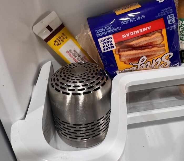 A stainless steel refrigerator deodorizer next to cheese and a tube, among useful kitchen finds.