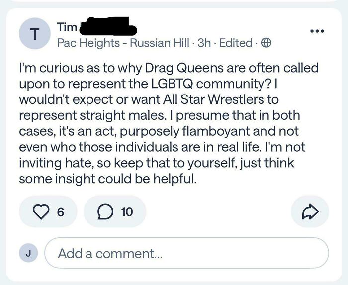 A screenshot from a neighborhood online community discussing drag queens and the LGBTQ community.