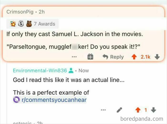 A Reddit screenshot showing a humorous quote from Samuel L. Jackson, an example of comments you can hear.