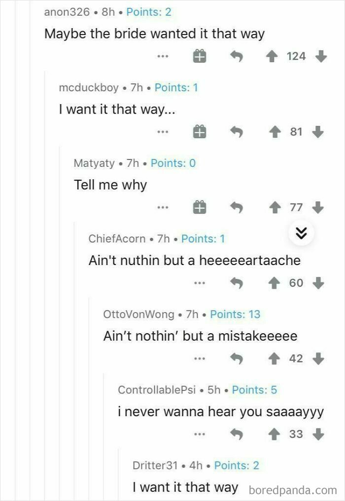 A screenshot of Reddit comments, showing a thread of funny comments you can hear, referencing a song.