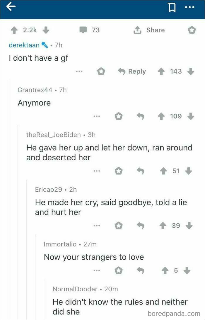 A screenshot of a comment section that practically reads itself out loud, with users completing the lyrics to a song starting with I don't have a gf and continuing with He gave her up and let her down.