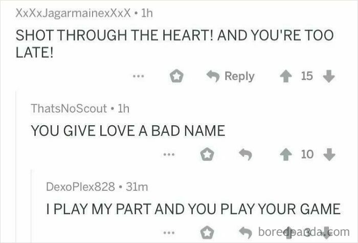 A screenshot of Reddit comments, showing funny comments you can hear, referencing the song Shot Through the Heart.