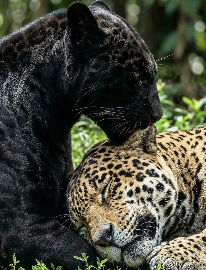 Two interesting leopards, a black panther and a spotted leopard, cuddling in a heartwarming photo.