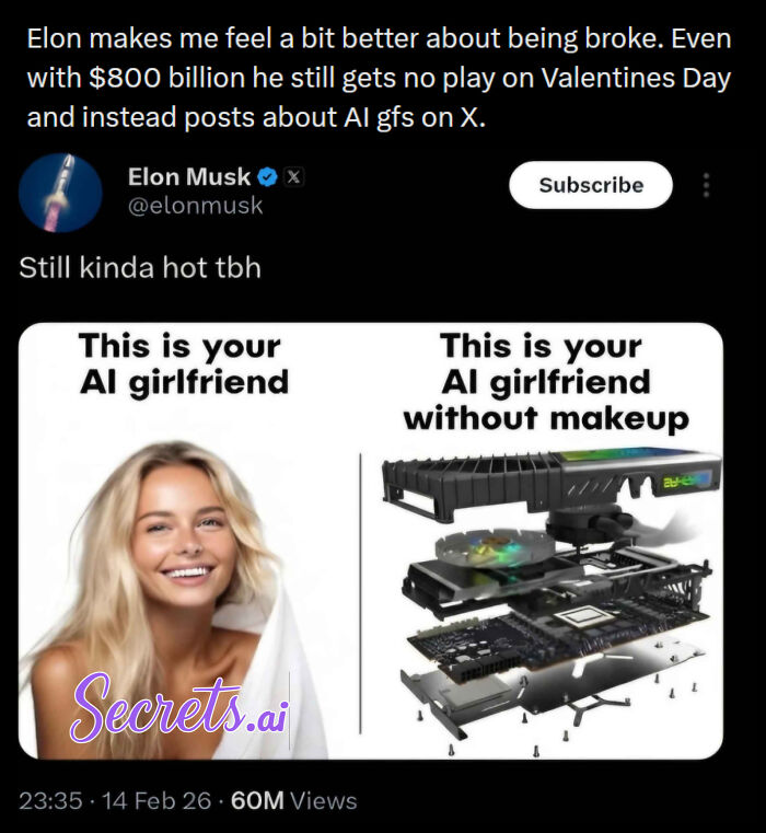 Hilariously savage burn related to Elon Musk posting about AI girlfriends instead of having a Valentine's Day date.