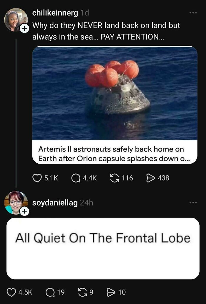 A screenshot of a Twitter post with a hilarious burn: All Quiet On The Frontal Lobe.