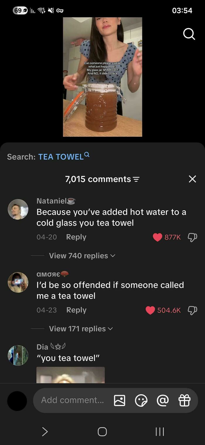 A screenshot of social media comments about a savage burn referring to someone as a tea towel.